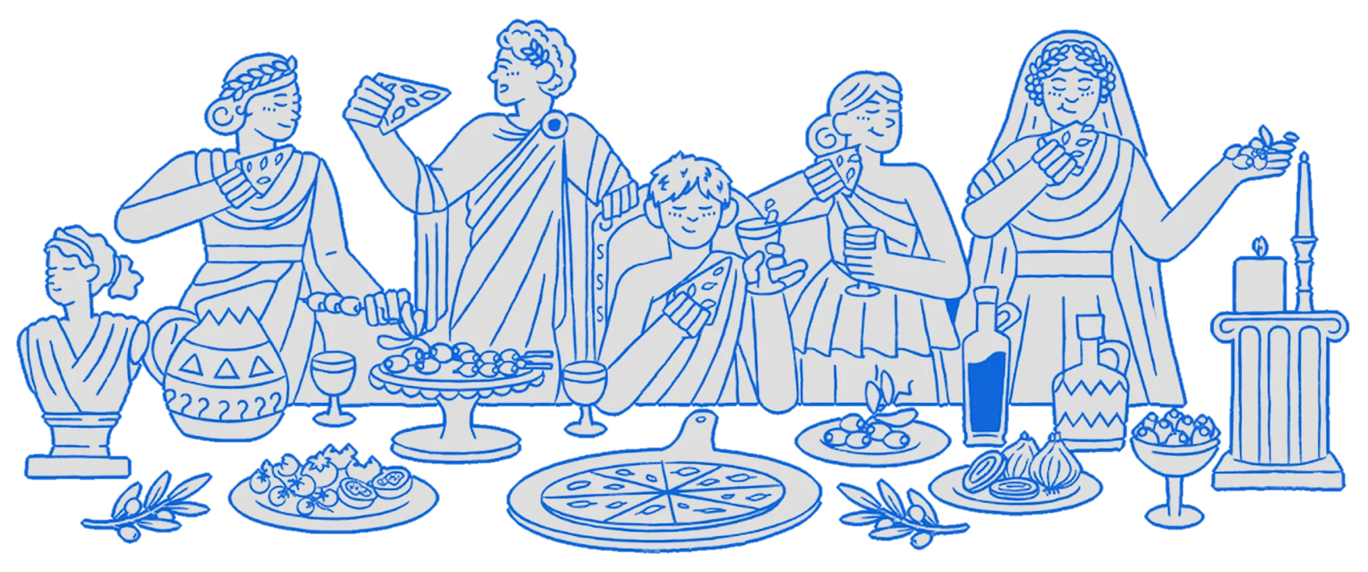 Classical figures feasting around a long table with pizza, olives, wine and bread
